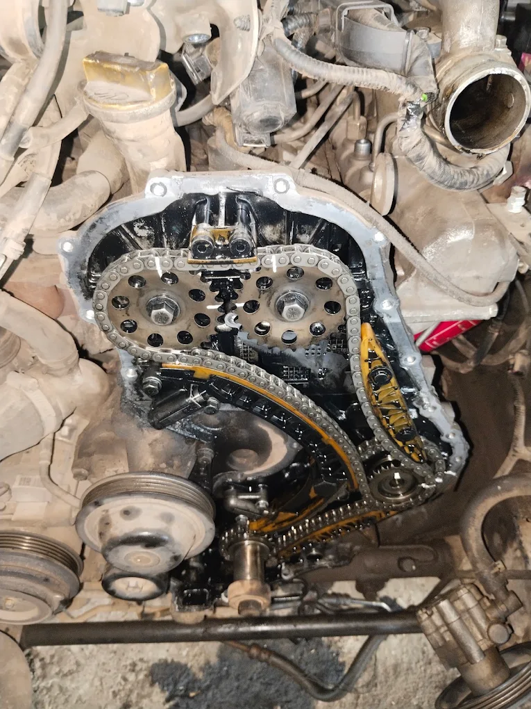 Timing chain and sprockets exposed during repair